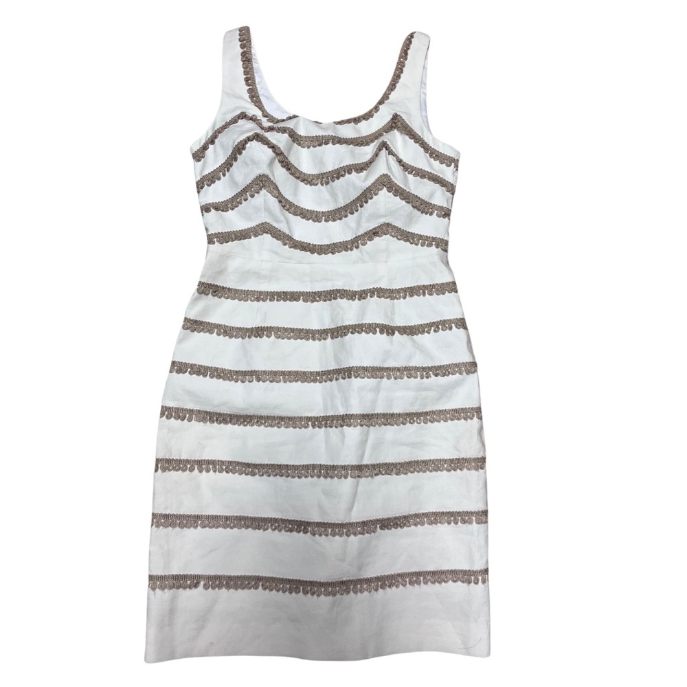 Trina Turk Elegant White & Tan Fringe Striped Sleeveless Dress sz 4